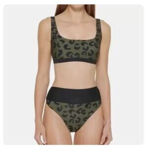 NWT DKNY Army Green Leopard Print Bikini. Size Medium Top, Size Large Bottoms.